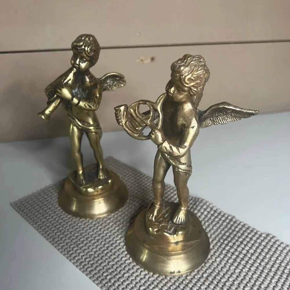 Vintage Brass Cherub Angel Figurines Set of 2 Musical Putti Statues 6 Inch
